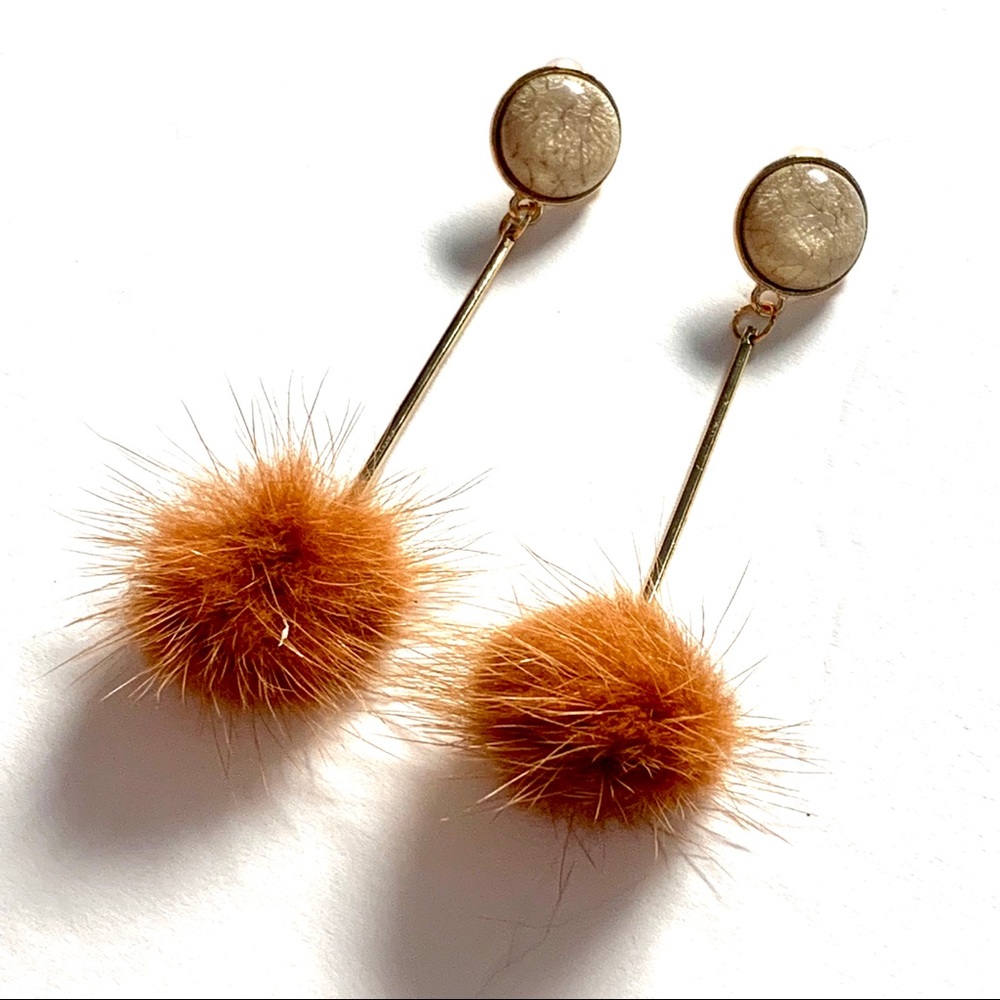Faux Fur Pom Ball Linear Drop Gold Tone Earrings